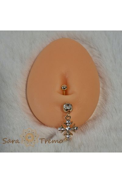 saratremo Golden belly piercing with cross and zirconia crystals - 5 cm, thick bar