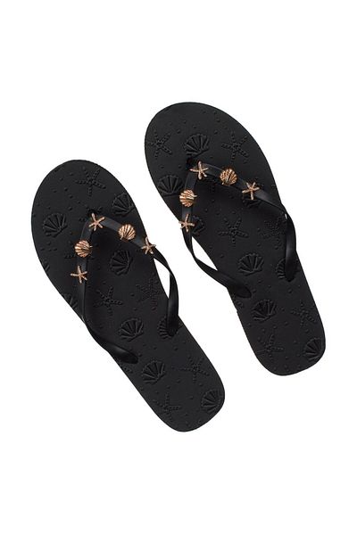 OEM Papuci de plajă, negri, 38 EU, cu talpă reliefată și accesorii decorativă