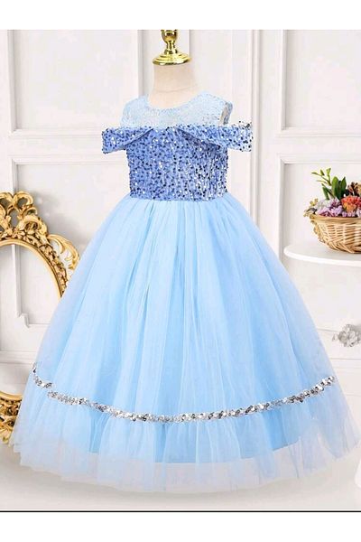 OEM Rochie fete lunga de ocazie din tul cu paiete aplicate, baby blue, 4 ani, 104-110 cm