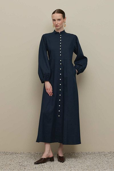 Fahhar Britli Lyocell Linen Dress Navy Blue