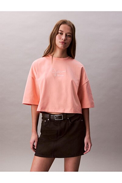 Calvin Klein Cropped Boxy Chain Stitch Logo T-Shirt