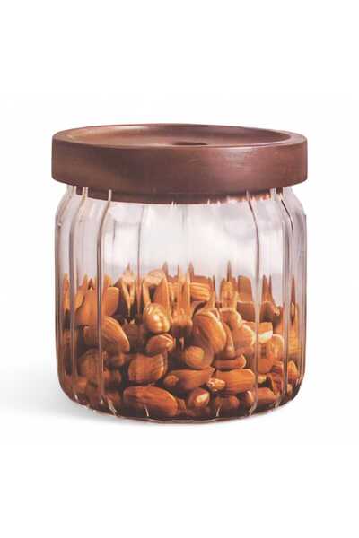 BALSA 500 ml Yuvarlak Akasya Kapaklı Cam Kavanoz BOR057