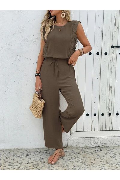 Viyamo New Season Women's Sleeveless Crew Neck Aerobin Blouse and Lace-Up Trousers
