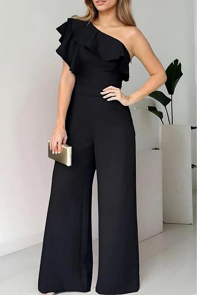 Deafox Black Women's One Shoulder Detail Ruffled Crepe Fabric Jumpsuit