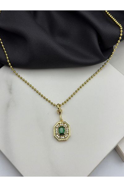Duéra Gold Gold Green Zircon Stone Serenay Model Design Steel Necklace