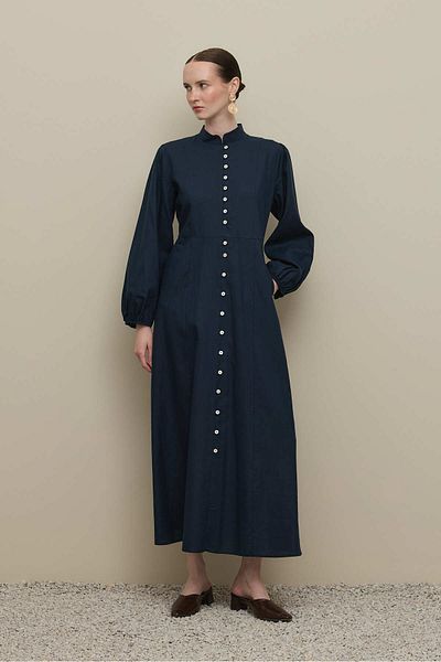 Fahhar Britli Lyocell Linen Dress Navy Blue