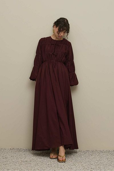 Fahhar Gathered Detailed Piping Tied Dress Burgundy
