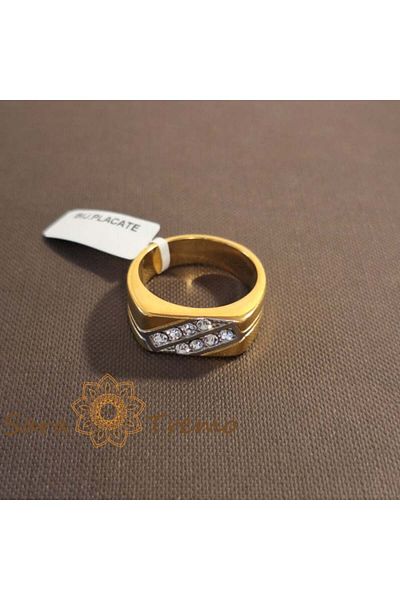 saratremo Unisex gold-plated ring with diagonal zirconia bands - size 11 (diameter 2.1 cm)