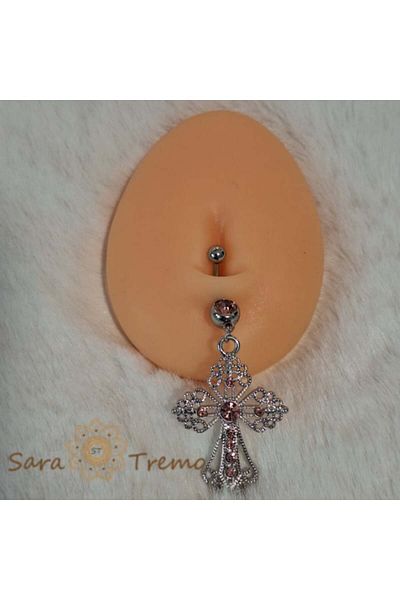 saratremo Extra-Large Silver Navel Piercing with Cross and Pink Crystals - 7 cm, Thick Bar