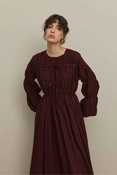 Fahhar Gathered Detailed Piping Tied Dress Burgundy