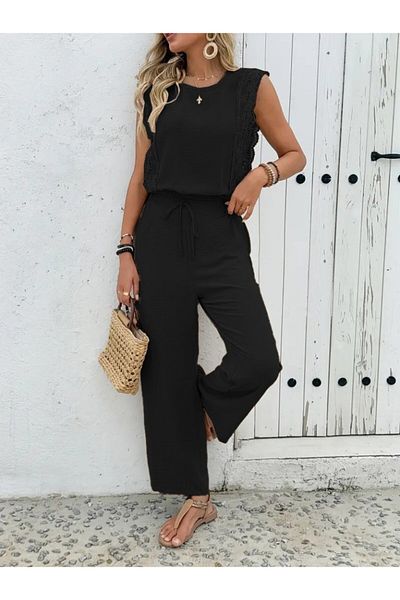 Viyamo New Season Women's Sleeveless Crew Neck Aerobin Blouse and Lace-Up Trousers