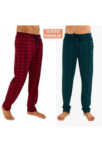 DÜVEN Men's Cotton Plaid Burgundy & Green 2-Piece Single Bottom Pajamas - Seasonal Men's Unisex Pajama Bottoms