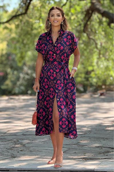 Nevin Kaya Moda Pink Belted Button Shirt Dress