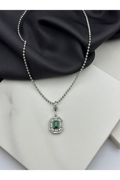 Duéra Silver Green Zircon Stone Serenay Model Design Steel Necklace