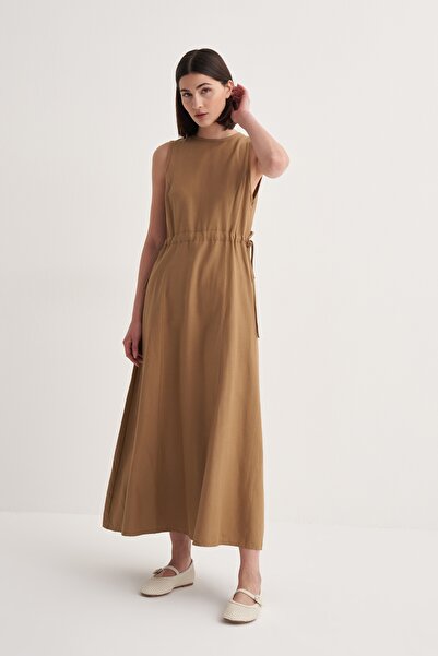 EBU Prive Kadın Cupra Dökümlü Pamuklu Elbiseli Takım Camel