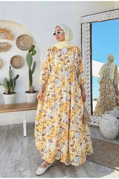 nizzell New Season Flower Patterned Mango Fabric Dress