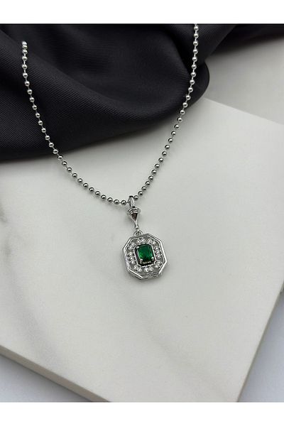 Duéra Silver Green Zircon Stone Serenay Model Design Steel Necklace