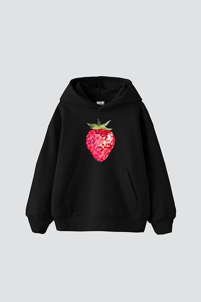 Sekizbiraltı Strawberry Disco Baskılı Oversize Unisex Μαύρο Hoodie