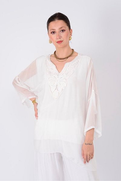 Park Moda 9446 Lace Detail V-Necklace Silk Bluz