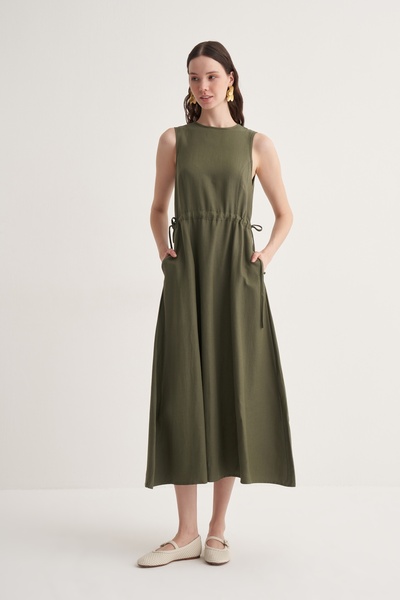 EBU Prive Kadın Cupra Dökümlü Pamuklu Elbiseli Takım Haki