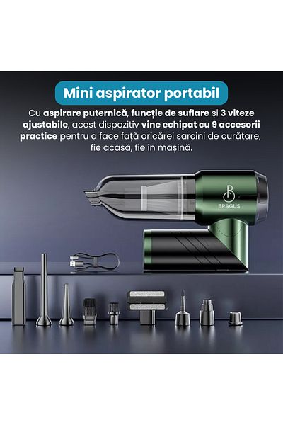 BRAGUS Aspirator Auto 4in1 Pliabil, 16000Pa, 100W, 6000mAh, Autonomie 30min, 9 Accesorii, 3 Filtre, Verde
