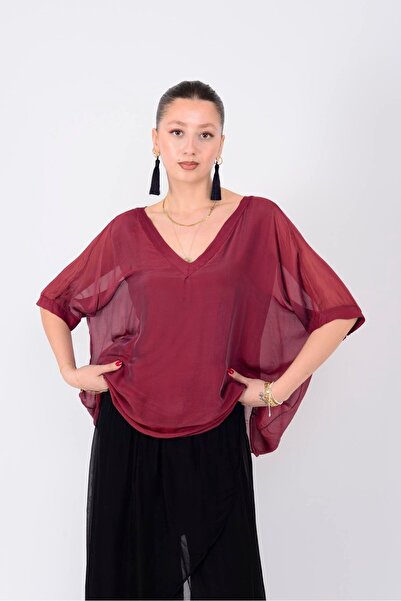 Park Moda 2967 BLUZĂ DE MĂTASE CU GÂT ÎN V CU MODEL SOLID