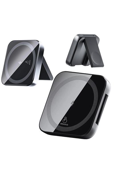 BRAGUS Incarcator Wireless 2in1, Pliabil, Magsafe Puternic, Compatibil Iphone, Apple Watch, Airpods, Negru