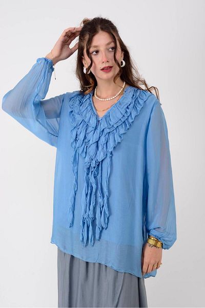 Park Moda Sn057 Costello Silk Bluz with Ruffle Detail on the Front
