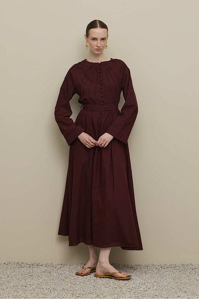 Fahhar Slim Ribbed Voile Dress Burgundy