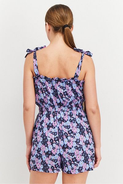 Sinsay Women Floral Print Sleeveless Playsuits, Black/Purple Combo
