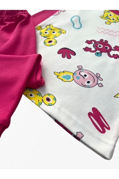 Pajama Shop Girls' 100% Cotton Fabric White Emoji Figures Patterned Pink Collar Long Sleeve Winter Pajamas Set
