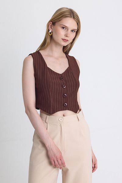 Rays Coffee Striped V-Neck Buttoned Crop Vest with Cuff Detail 4288A