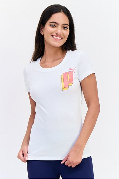 Puma Women Round Neck Short Sleeve Graphic Print T-Shirt, White