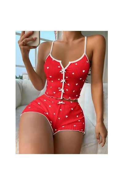 Findit Red over White Heart Patterned Suspender Shorts Pajama Set