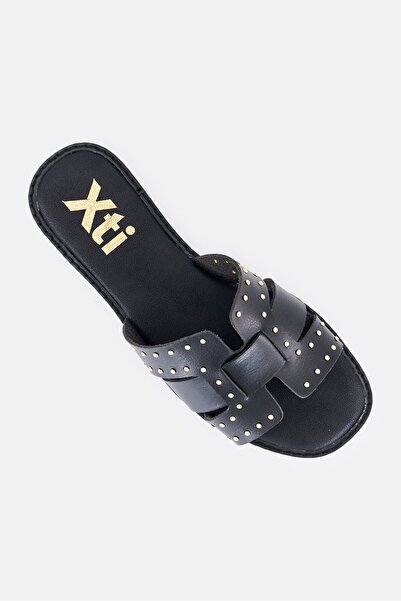 XTI Women Slip On Leather Sandals, Black