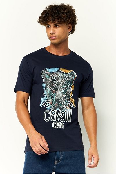 Cavalli Class Men Crew Neck Short Sleeves Graphic Print T-Shirt, Navy Blue