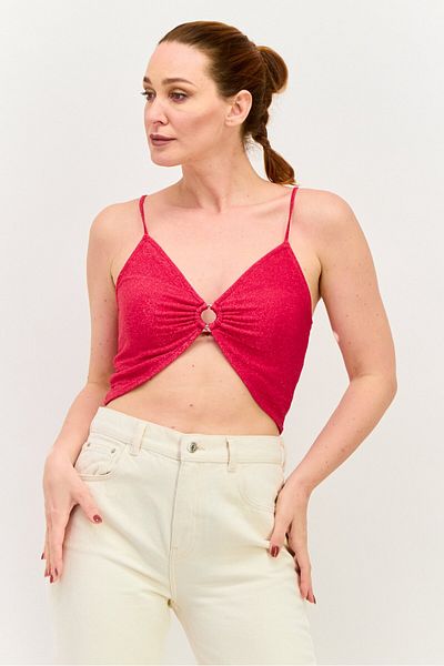 Sinsay Women Keyhole Sleeveless Metallic Crop Top, Magenta