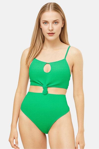 aerie Women Lightly Padded Textured One Piece Swimwear, Green