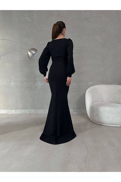 Trendusfashion Rochie de seară lungă model pește din țesătură creponată neagră pentru femei - 582744