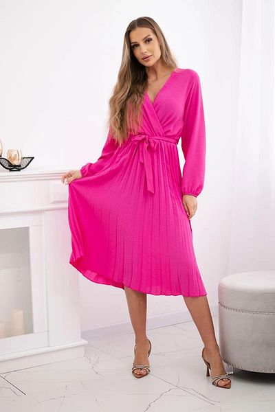 UniqueStore.ro Pink Pleated Midi Dress With Drawstring Waist - One Size