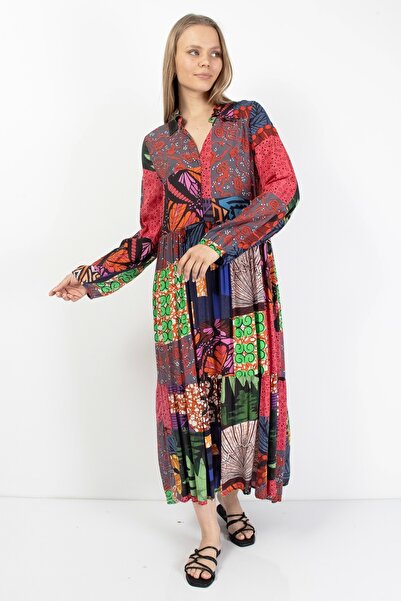 İndigo Blue Rengarenk Desenli Uzun Patchwork Kadın Elbise