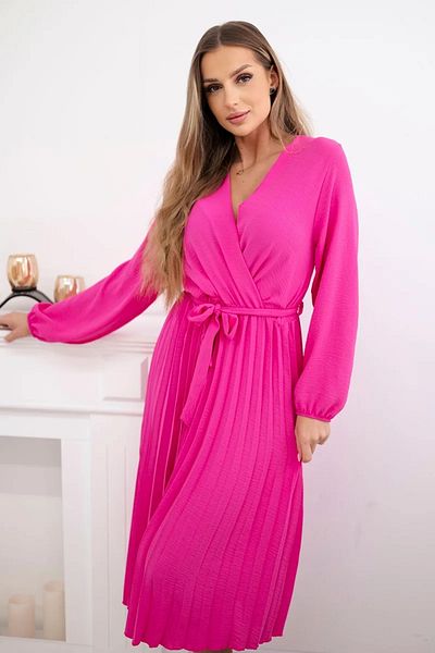 UniqueStore.ro Pink Pleated Midi Dress With Drawstring Waist - One Size