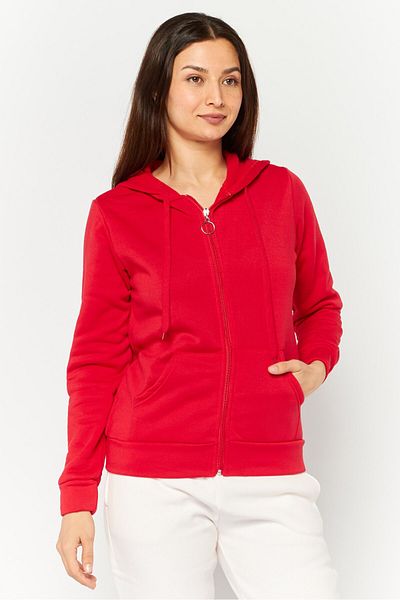 Buzz Women Hooded Solid Long Sleeves Sweatshirt, Red