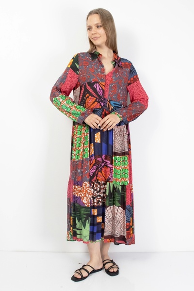 İndigo Blue Rengarenk Desenli Uzun Patchwork Kadın Elbise