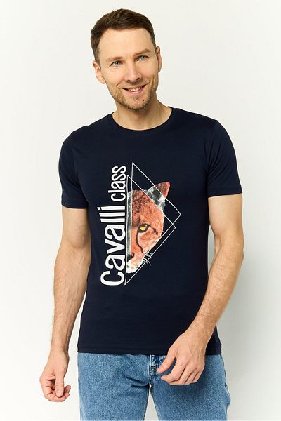 Cavalli Class Men Crew Neck Short Sleeves Graphic Print T-Shirt, Dark Navy