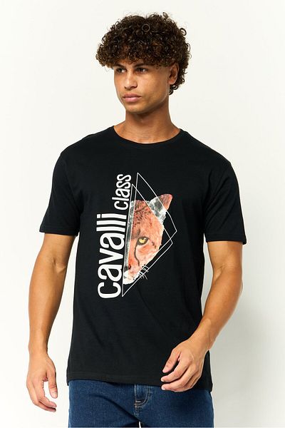Cavalli Class Men Crew Neck Short Sleeves Graphic Print T-Shirt, Black