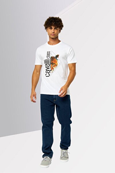 Cavalli Class Men Crew Neck Short Sleeves Graphic Print T-Shirt, White