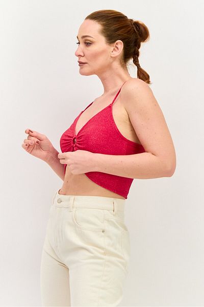 Sinsay Women Keyhole Sleeveless Metallic Crop Top, Magenta