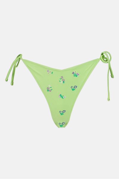 aerie Women Embroidered Tie Detail Bikini Bottom, Multicolor