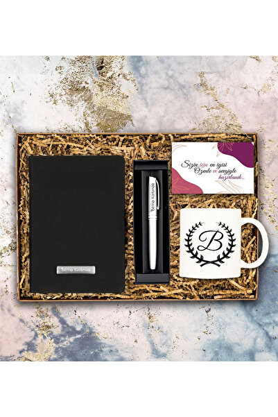 vegahediye v vega Kişiye Özel Harf Tasarım Kupa & Gümüş Renk Roller Kalem & Siyah Defter & Not Hediye Seti